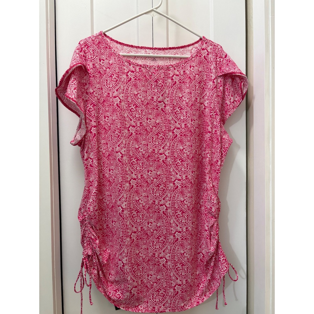 Lands' End Pink Paisley Ruched Side Tulip Sleeve Top 1X 16W-18W